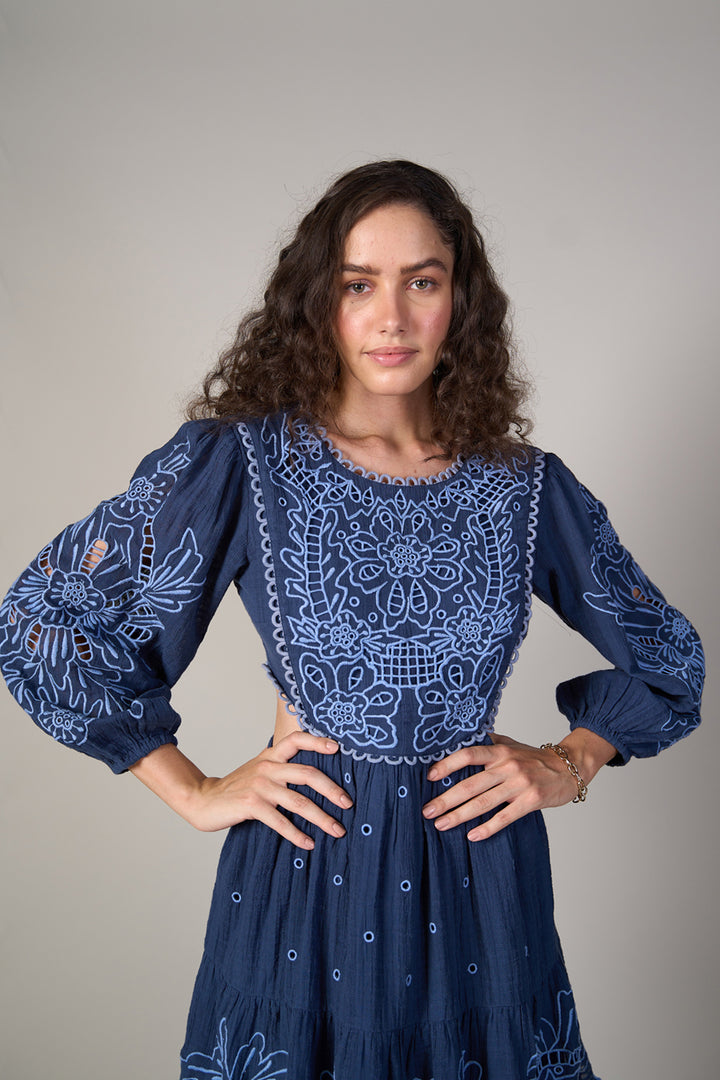 Hannah Blue Embroidered Dress