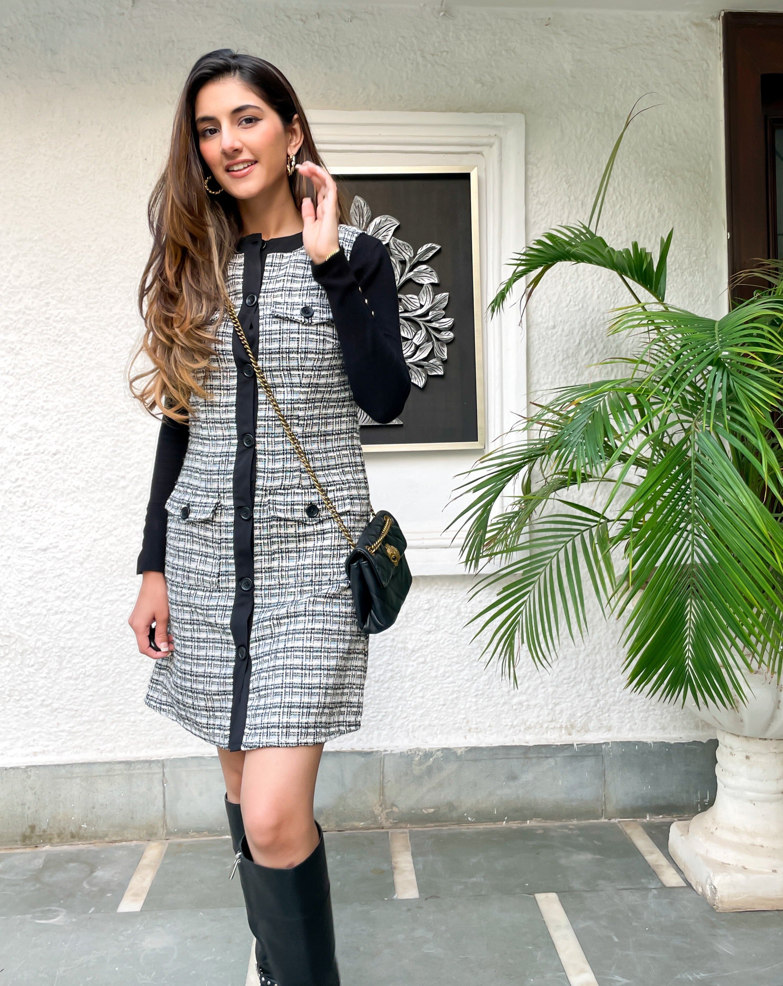 Black and shop white tweed dress